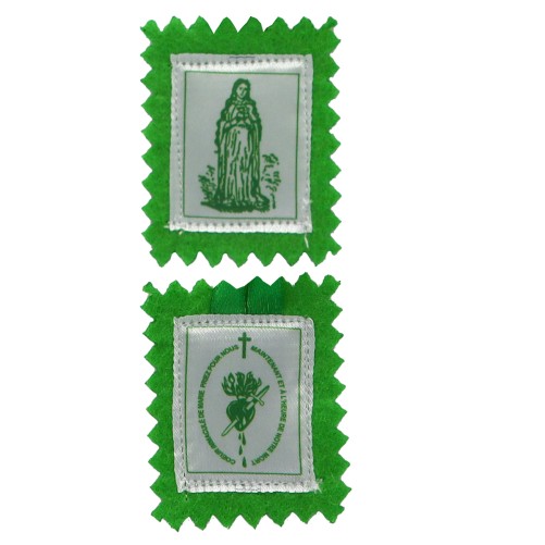 Scapulaire Vert en tissus du Cœur Immaculé de Marie avec explication H. 4.5 cm x 5 cm cordon vert Livre en sachet