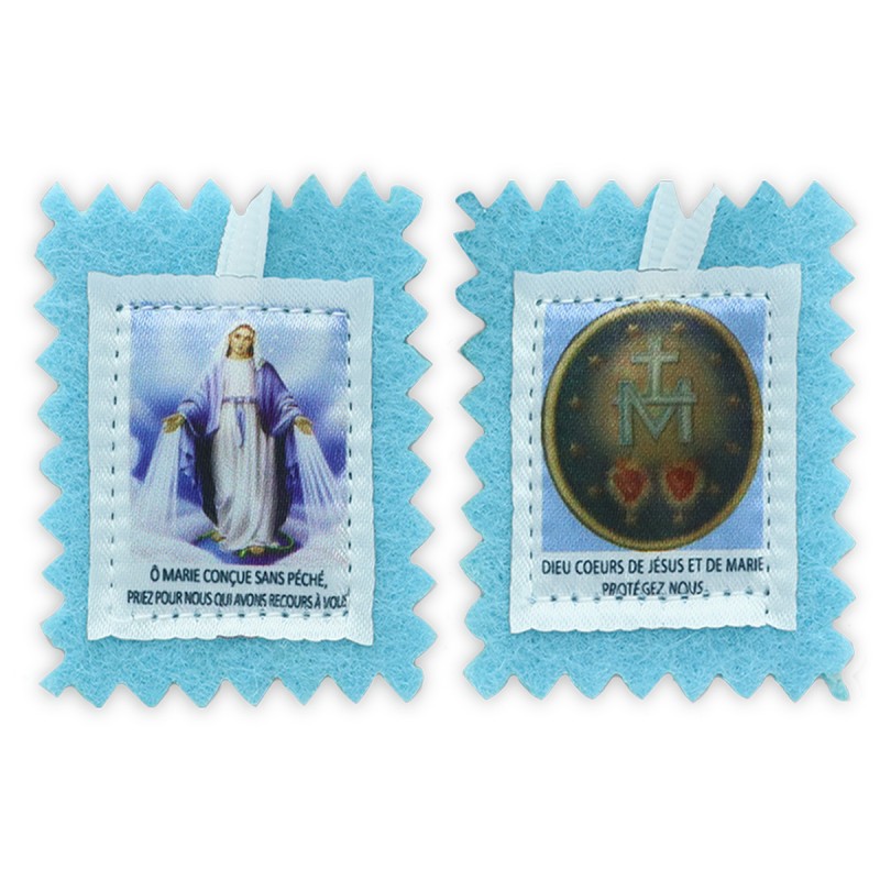 Scapulaire en tissus de la Vierge Miraculeuse sans explication H. 4,5 x 5 cm avec cordon blanc. Sachet individuel.