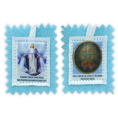 Scapulaire en tissus de la Vierge Miraculeuse sans explication H. 4,5 x 5 cm avec cordon blanc. Sachet individuel.