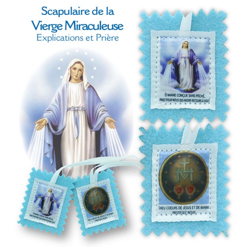 Scapulaire en tissus de la Vierge Miraculeuse avec notice H. 4,5 x 5 cm avec cordon blanc. Sachet individuel.