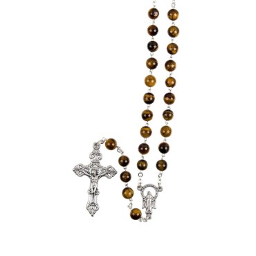 Chapelet grains œil de tigre, Ø 7 mm, chaine couleur argentée, longueur au cœur 32 cm, croix avec Christ. Livré en boite.