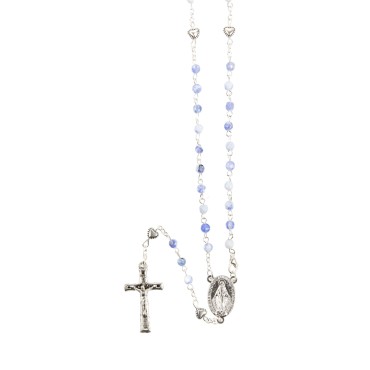 Chapelet grains marbrés Ø 4 mm, paters forme coeur sur chaîne, longueur au cœur 26 cm, croix avec Christ.