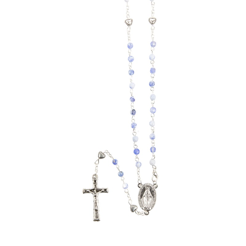 Chapelet grains marbrés Ø 4 mm, paters forme coeur sur chaîne, longueur au cœur 26 cm, croix avec Christ.
