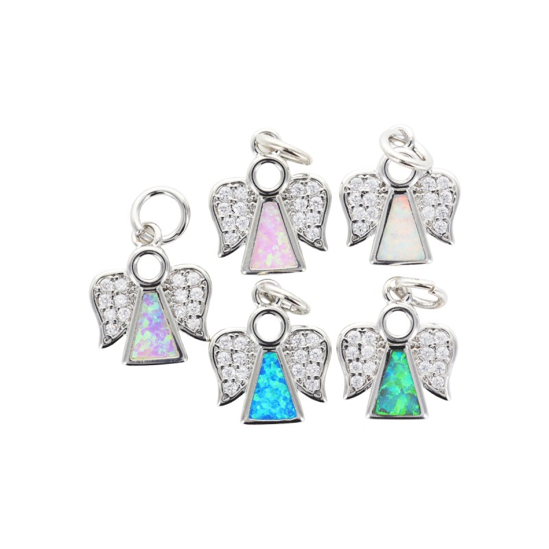 Pendentif couleur argentee en forme d ange avec zircon et opale synthetique couleur selon arrivage  H. 1,4 cm.