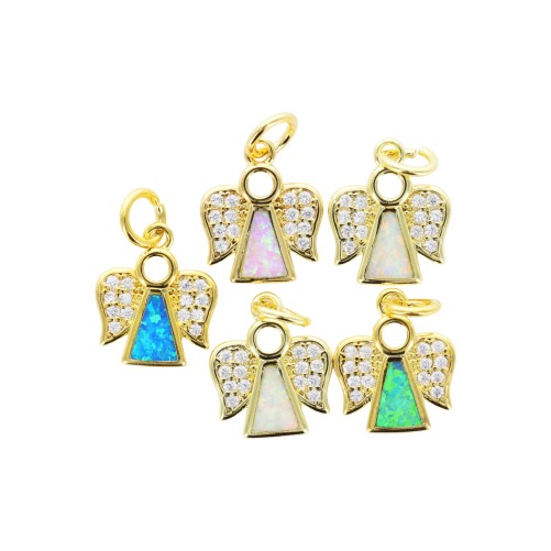Pendentif couleur doree en forme d´ange avec zircon et opale synthetique couleur selon arrivage H. 1,4 cm.