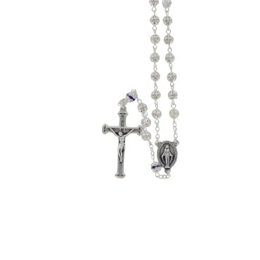 Chapelet grains ronds en métal sable et strass, Ø 6 mm sur chaine, croix métal avec Christ en boite.