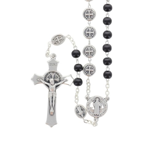 Chapelet métal et bois noir de st Benoit, grains Ø 9 mm sur chaine, croix avec Christ plus boite.