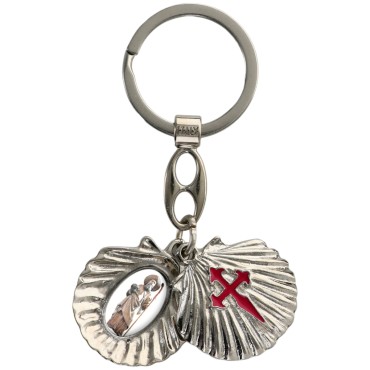 Porte-clés ouvrant de saint Jacques forme coquille Ø 3 cm avec 2 résines saint Jacques et saint Christophe.
