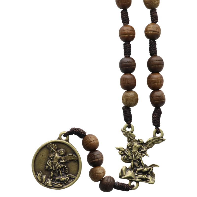 Chapelet de dévotion de saint Michel grains bois Ø 7 mm avec notice explicative, livre en sachet individuel