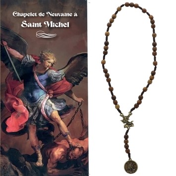Chapelet de dévotion de saint Michel grains bois Ø 7 mm avec notice explicative, livre en sachet individuel