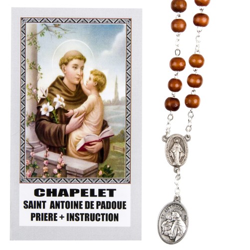 Chapelet de dévotion de saint Antoine grains en bois avec notice explicative, livre en sachet individuel.