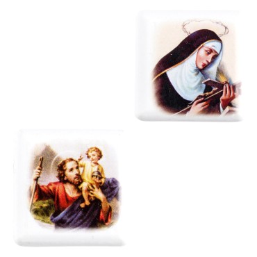 Plaque auto H. 3 cm en resine serigraphiee avec image de saints.