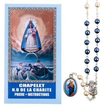 Chapelet de dévotion de Notre-Dame de la Charité grains nacres avec notice explicative, livre en sachet individuel.