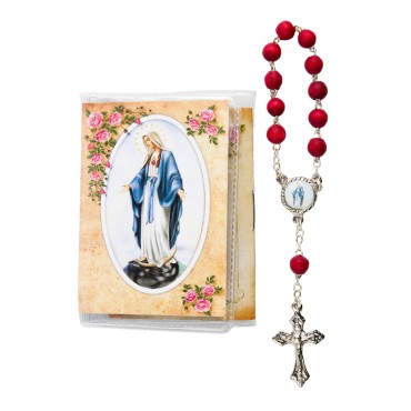 Dizainier grains bois de rose Ø 7 mm avec petit livret du saint rosaire H. 7 x 5 cm, image VM, livré en pochette.