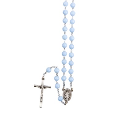 Chapelet sur chaine indécrochable, grains en plastique ronds Ø 7 mm, croix avec Christ.