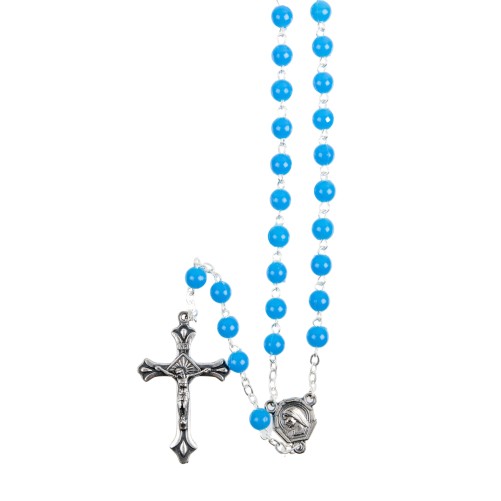 Rosaire 20 dizaines grains plastique, Ø 7 mm, chaîne couleur argentée, longueur au cœur 114 cm, croix avec Christ.