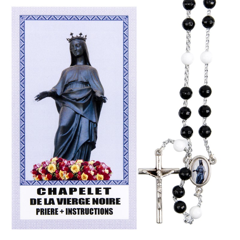 Chapelet de dévotion de la Vierge noire en plastique avec notice explicative, livre en sachet individuel.