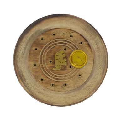 Brûle-encens rond en bois style brûlé avec éléphant, pour bâtonnets ou cônes, Ø 10 cm. Boîte de 2.