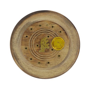 Brûle-encens rond en bois style brûlé avec éléphant, pour bâtonnets ou cônes, Ø 10 cm. Boîte de 2.