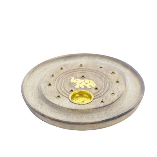 Brûle-encens rond en bois style brûlé avec éléphant, pour bâtonnets ou cônes, Ø 10 cm. Boîte de 2.