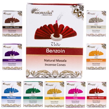 Boîte de 12 paquets de 10 cônes d'encens Aromatika Massala 100% naturel (17 grammes) avec brûleur.