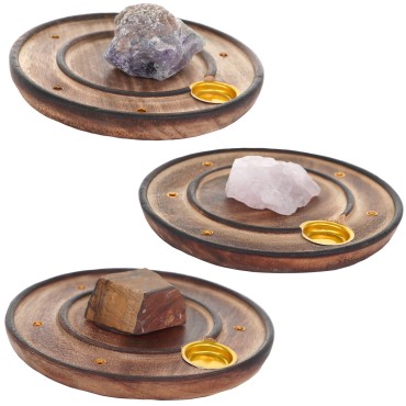 Brule encens en bois pour batonnets ou cones, Ø 10 cm. Existe avec differentes pierres.