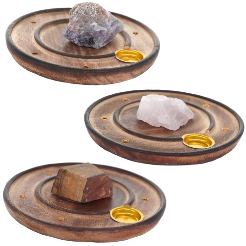 Brule encens en bois pour batonnets ou cones, Ø 10 cm. Existe avec differentes pierres.