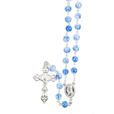 Chapelet grains en verre marbrés, Ø 8 mm, chaîne couleur argentée, longueur au cœur 33 cm, croix avec Christ.