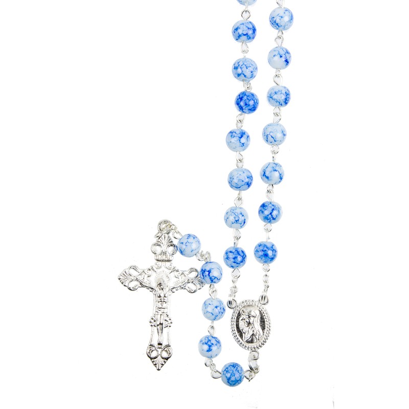 Chapelet grains en verre marbrés, Ø 8 mm, chaîne couleur argentée, longueur au cœur 33 cm, croix avec Christ.