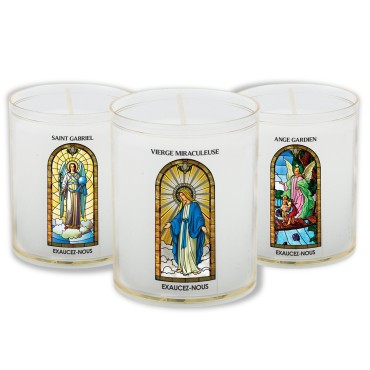 Veilleuse blanche avec autocollant "vitrail" de saint 20/24, H. 6,5 cm, Ø 5 cm ( VO 5)