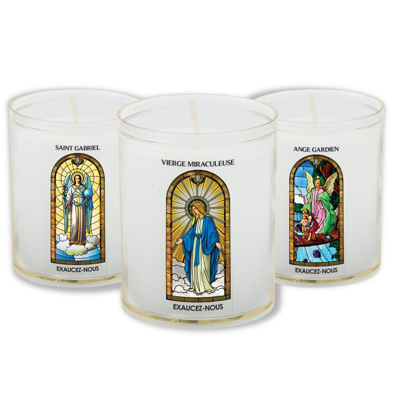 Veilleuse blanche avec autocollant "vitrail" de saint 20/24, H. 6,5 cm, Ø 5 cm ( VO 5)