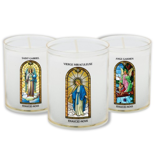 Veilleuse blanche avec autocollant "vitrail" de saint 20/24, H. 6,5 cm, Ø 5 cm ( VO 5)