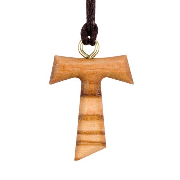 Croix de Tau en bois d' olivier H. 3 cm avec cordon cuir 70 cm.