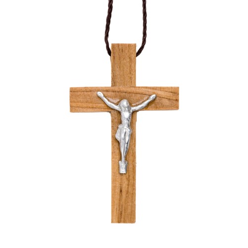 Croix de cou en bois d olivier de Jerusalem avec Christ metal H. 4 cm avec cordon 70 cm.