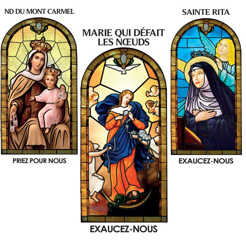 Autocollant Transparent vitrail de saint avec priere H. 10.5 x 6.5 cm pour bougie de neuvaine.