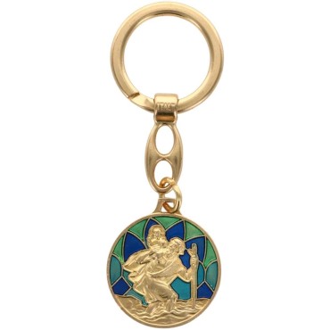 Porte-clés rond doré représentant Saint Christophe, décor vitrail coloré – Ø 3 cm.