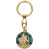 Porte-clés rond doré représentant Saint Christophe, décor vitrail coloré – Ø 3 cm.