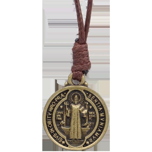 Médaille de saint benoit bronze avec cordon marron 1.8 x 2.1 cm
