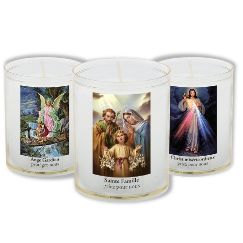 Veilleuse blanche avec autocollant de saint 20/24, H. 6,5 cm, Ø 5 cm ( VO 5).