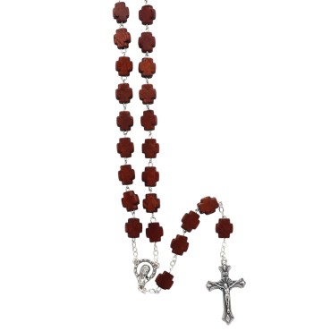 Chapelet sur chaine avec grains en bois marron en forme de croix Ø 1.1 cm avec croix et Christ en métal.