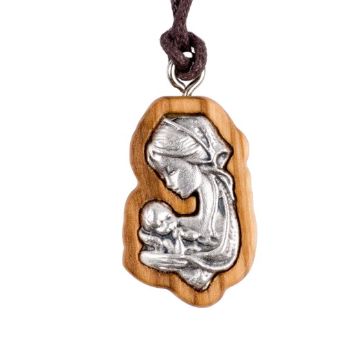 Pendentif en bois d' olivier Vierge enfant en métal incruste H. 2,5 cm avec cordon 70 cm.