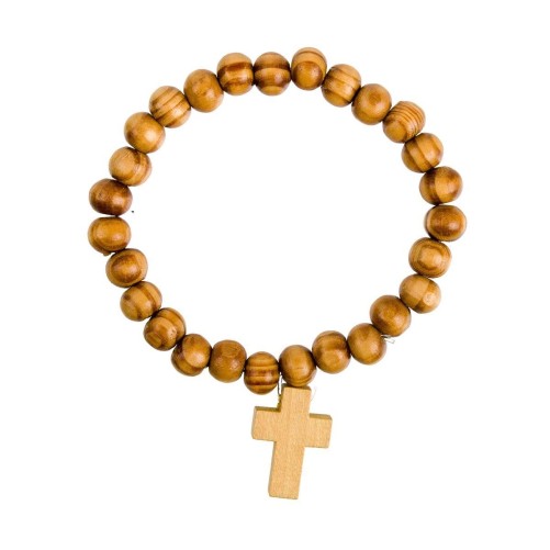 Bracelet sur -eacute-lastique en bois -Oslash- 8 mm- avec croix bois-