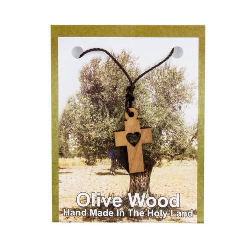 Croix de cou en bois d olivier de Jerusalem coeur evide H. 2,5 cm avec cordon 70 cm sur carte presentoir.