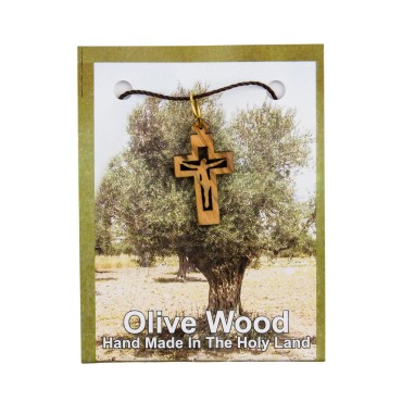 Croix de cou en bois d olivier de Jerusalem avec Christ evide H. 2,5 cm avec cordon 70 cm sur carte presentoir.