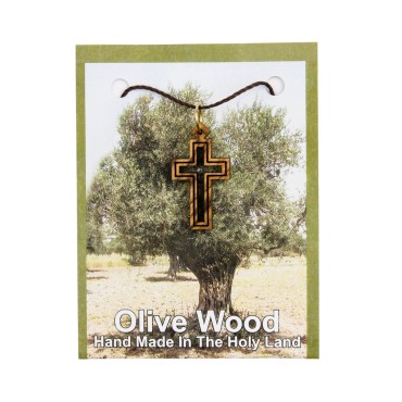 Croix de cou evidee en bois d olivier de Jerusalem H. 2,5 cm avec cordon 70 cm sur carte presentoir.