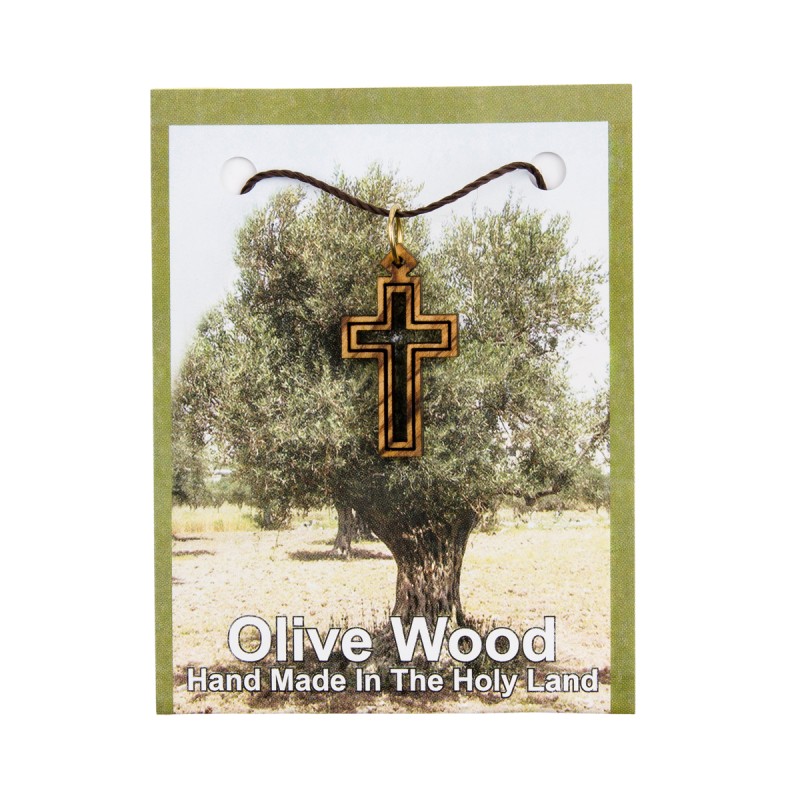 Croix de cou evidee en bois d olivier de Jerusalem H. 2,5 cm avec cordon 70 cm sur carte presentoir.