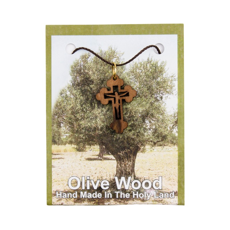 Croix de cou orthodoxe en bois d olivier de Jerusalem Christ evide H. 2,5 cm avec cordon 70 cm sur carte presentoir.
