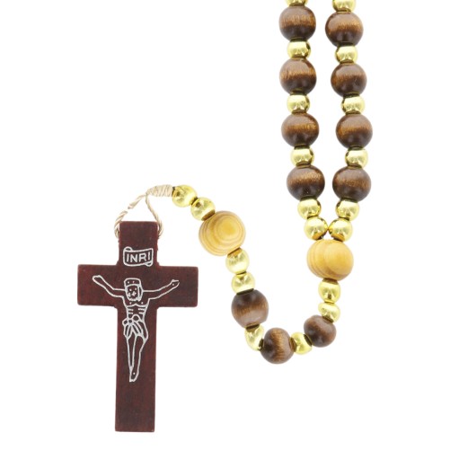 Chapelet sur corde avec fermoir grains bois marron Ø 8 mm, pater 10 mm, longueur au cœur 33 cm, croix avec Christ imprime.