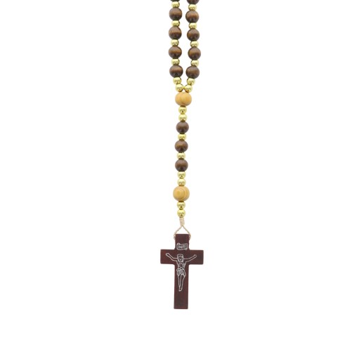 Chapelet sur corde avec fermoir grains bois marron Ø 8 mm, pater 10 mm, longueur au cœur 33 cm, croix avec Christ imprime.