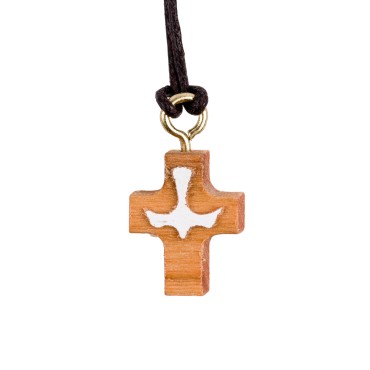 Croix de cou en bois d' olivier avec colombe en relief peinte en blanc H. 1,5 cm avec cordon cuir 70 cm.